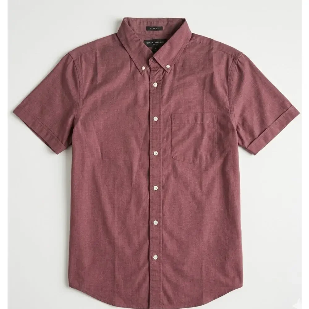 Banana Republic Slim Fit Short Sleeve Button Down Shirt Medium Red Burgundy M